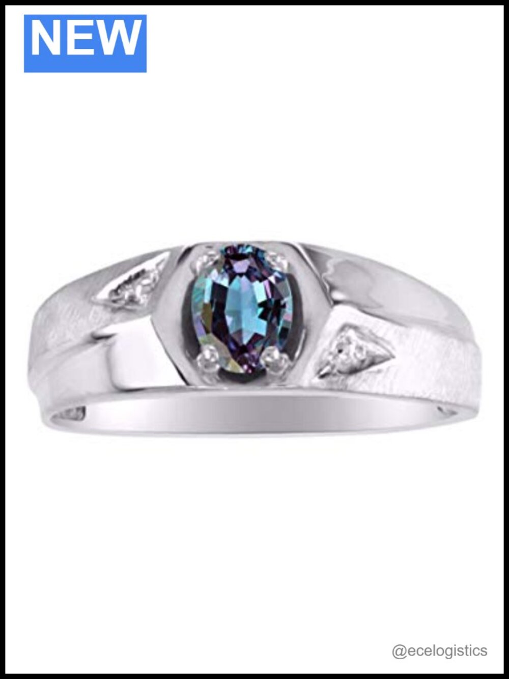 Men's Sterling Silver Oval Gemstone & Diamond Ring Size 10